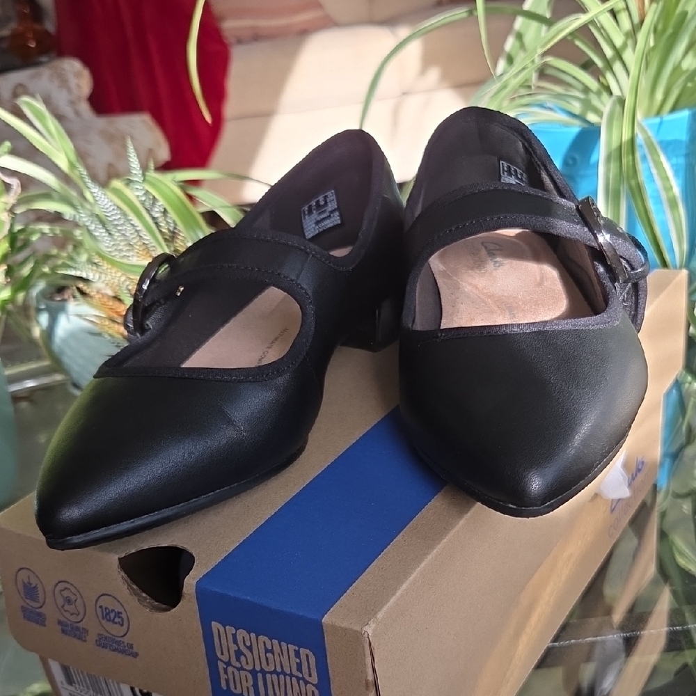 Clarks Black Leather Pointed Mary Jane Flats with Buckle New in their box.